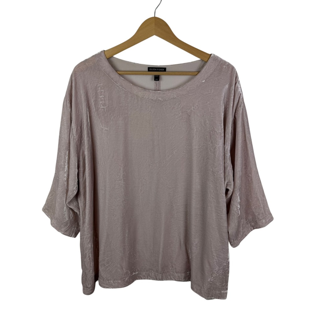 Eileen Fisher Pink Crushed Velvet Silk Blend Top Large Minimalist Quiet Luxury